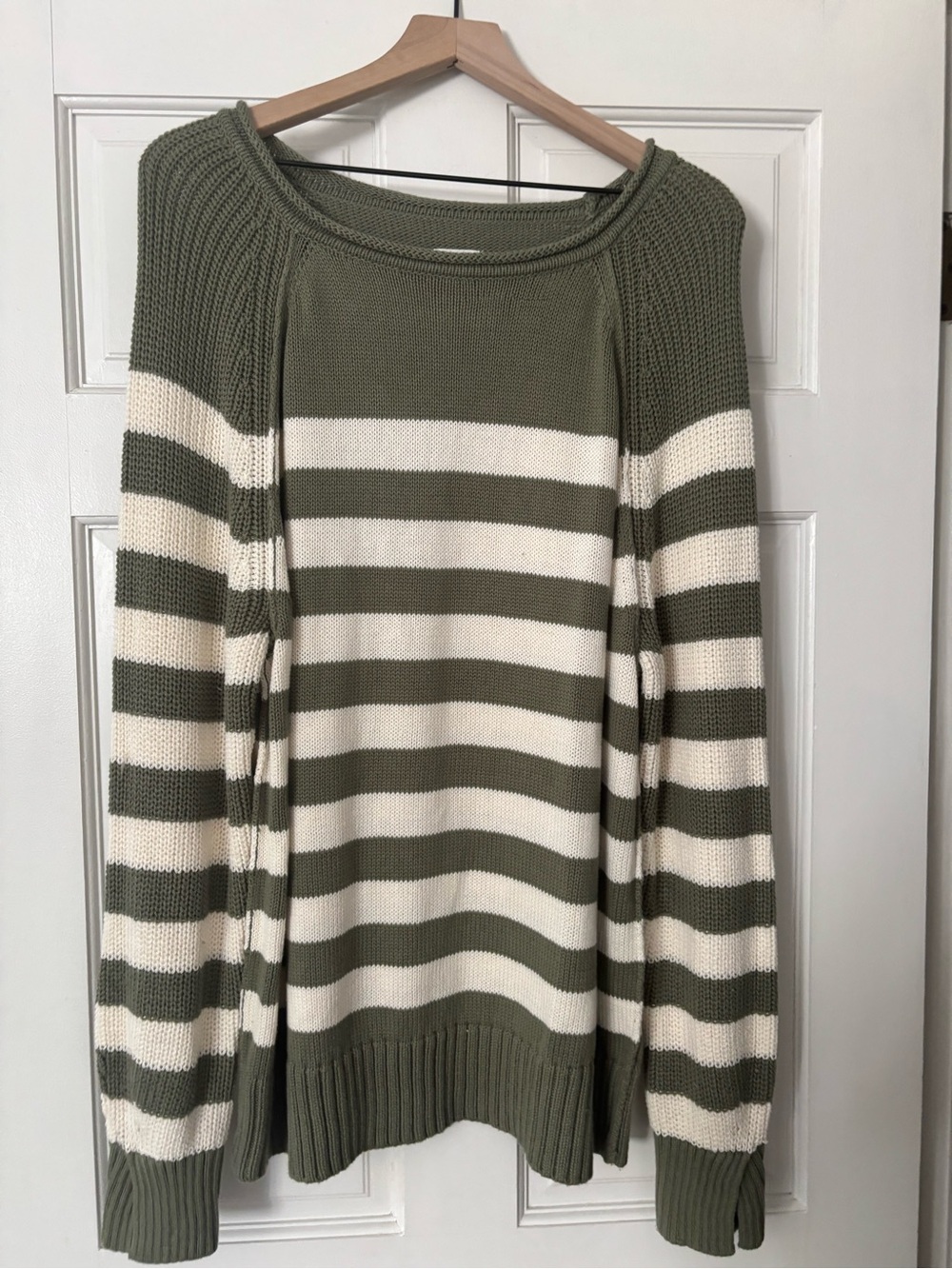 aerie Olive & Cream Striped Crewneck Sweater